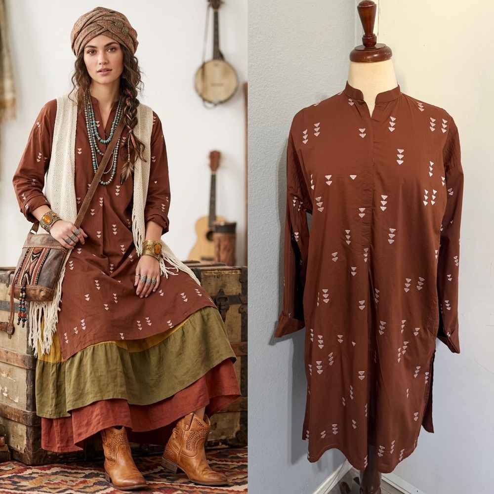 Khaadi Brown Embroidered Kurti Tunic Top XL Geometric Cotton Blend Boho Ethnic